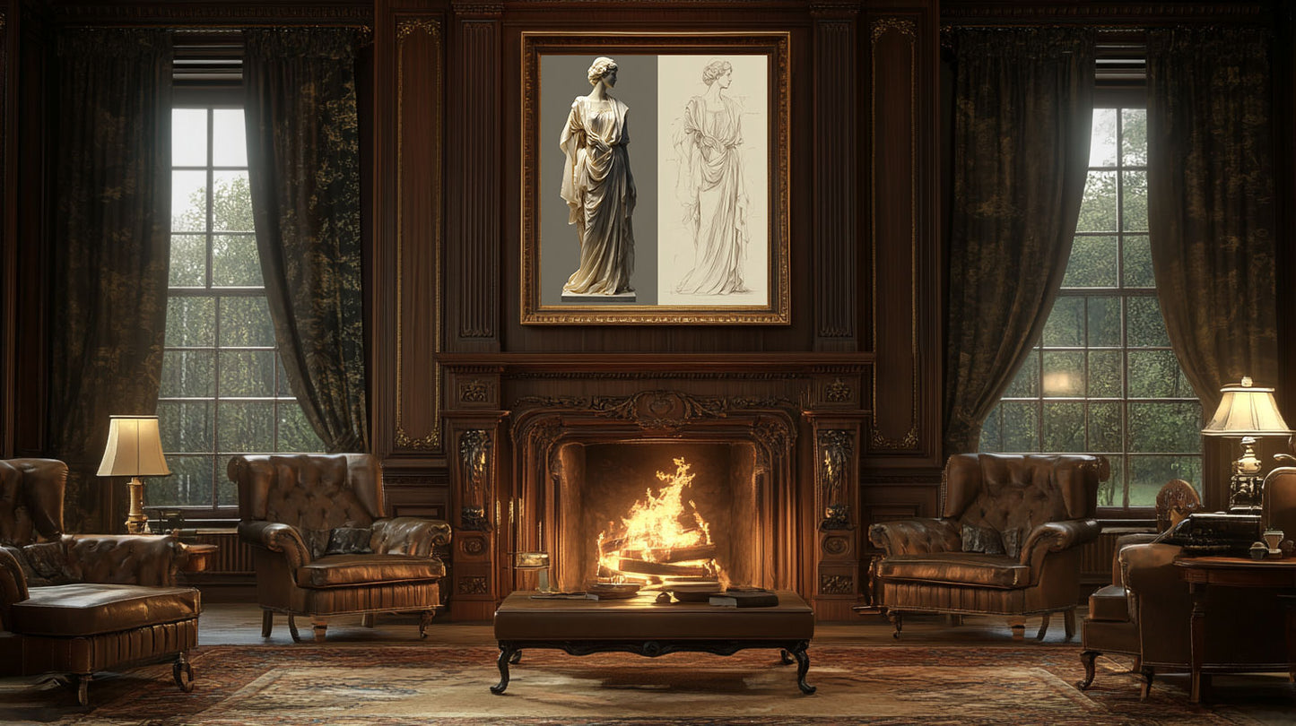 Classical Draped Woman Sculpture and Study Sketch Digital Artwork