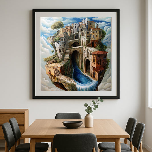 Floating Village: Surreal Architectural Waterfall Art Print