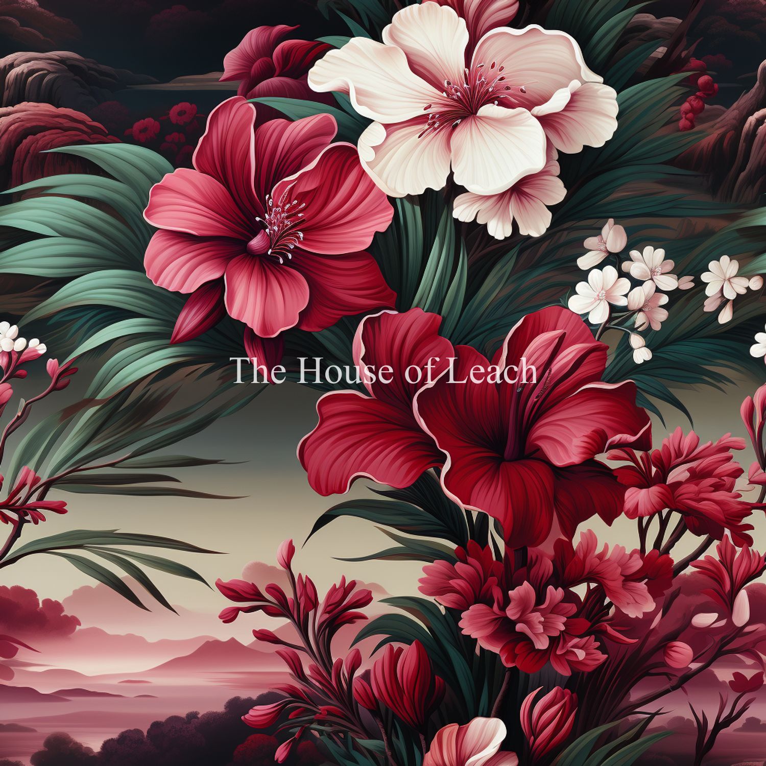 Digital artwork of deep red and ivory hibiscus flowers blooming in lush foliage, set against a dusky twilight horizon with mountains in the background.
