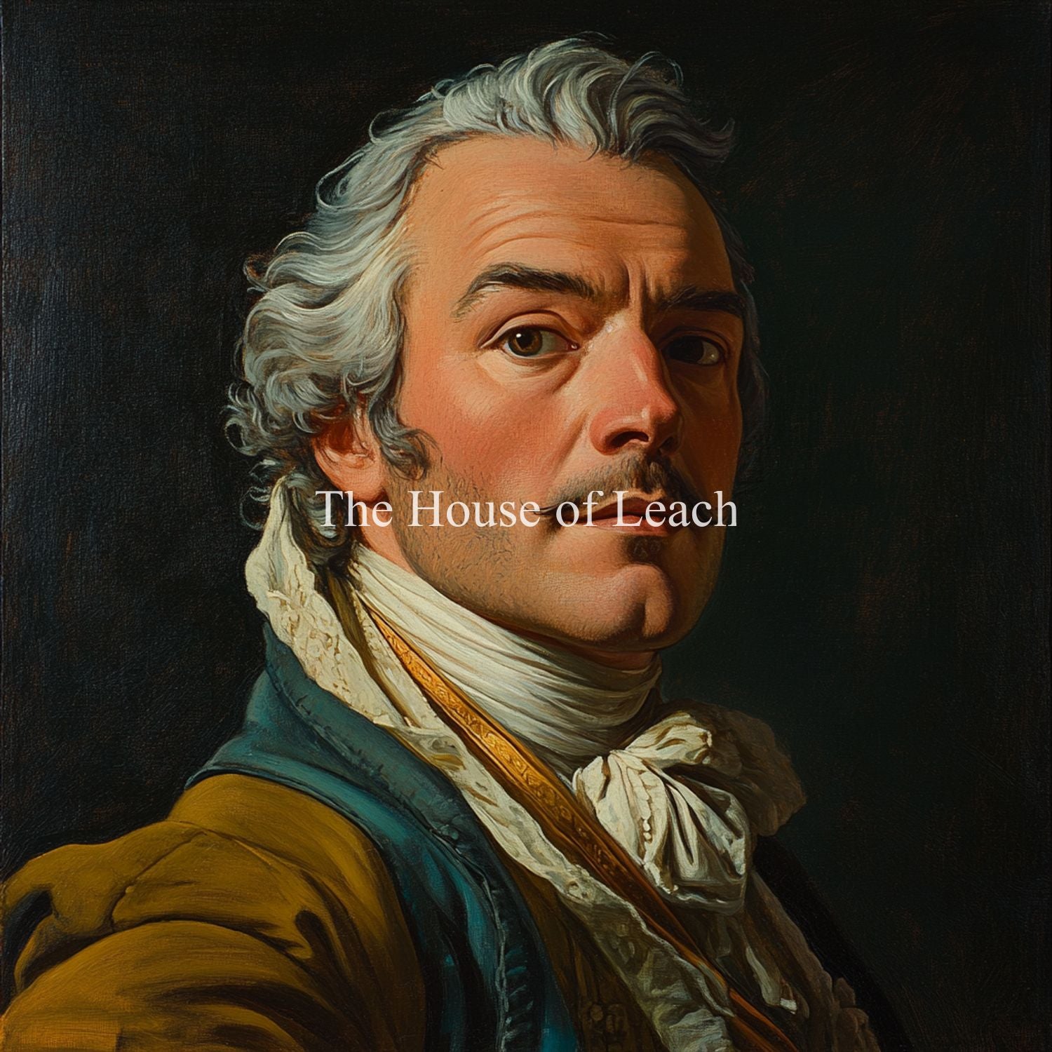 This refined digital painting presents a neoclassical portrait of a distinguished gentleman with silver hair, a sharp gaze, and a carefully styled cravat. His poised expression and the meticulous brushwork capture the elegance and sophistication of 18th-century portraiture. A superb addition for collectors of classical and historical fine art.