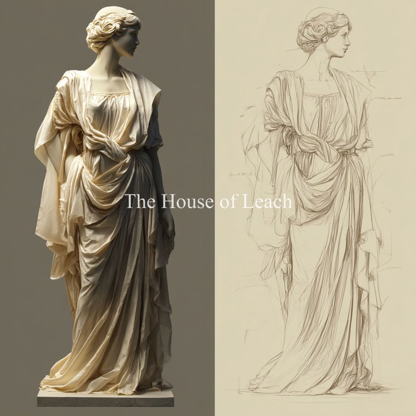 This elegant digital artwork features a beautifully rendered classical sculpture of a draped woman alongside a finely detailed study sketch. The sculpture’s flowing garments and serene posture evoke timeless Greco-Roman artistry, while the accompanying line drawing offers insight into the artist’s preparatory process. This sophisticated piece celebrates both the grandeur of classical sculpture and the delicate skill of academic draftsmanship.