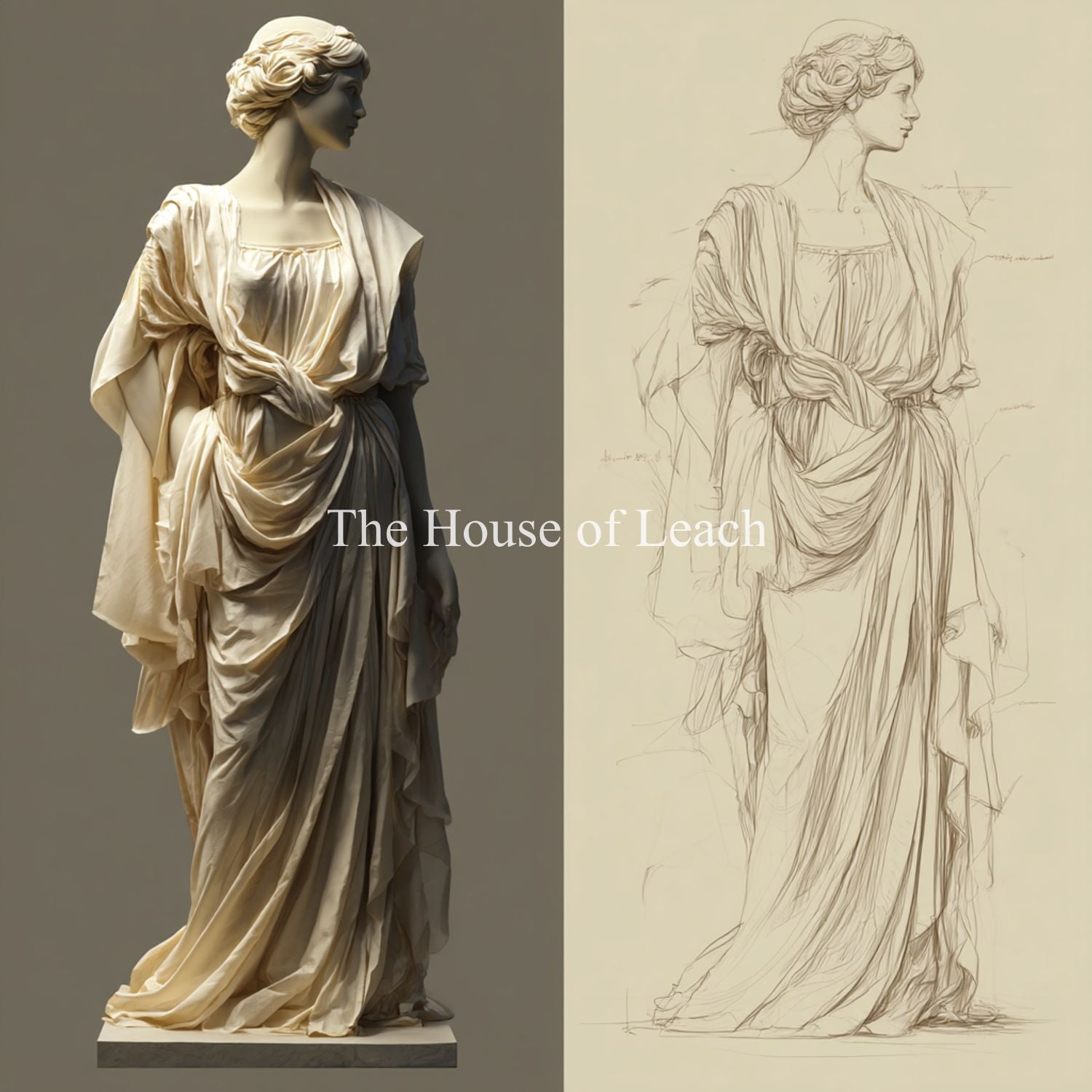 This elegant digital artwork features a beautifully rendered classical sculpture of a draped woman alongside a finely detailed study sketch. The sculpture’s flowing garments and serene posture evoke timeless Greco-Roman artistry, while the accompanying line drawing offers insight into the artist’s preparatory process. This sophisticated piece celebrates both the grandeur of classical sculpture and the delicate skill of academic draftsmanship.